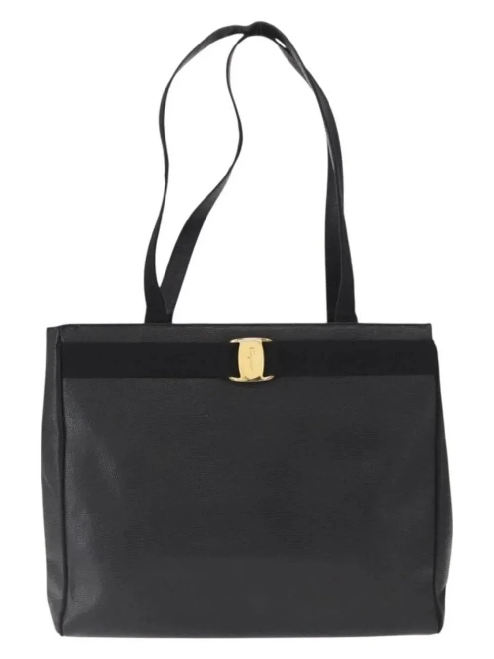 Salvatore Ferragamo Vala Tote Bag Leather Black Gold Auth gh1481